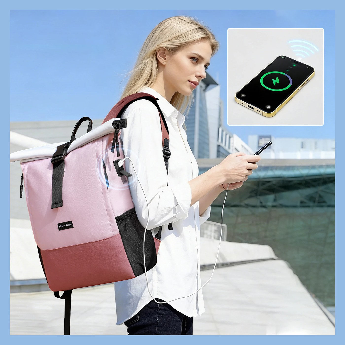 Mochila enrollable resistente al agua con puerto USB